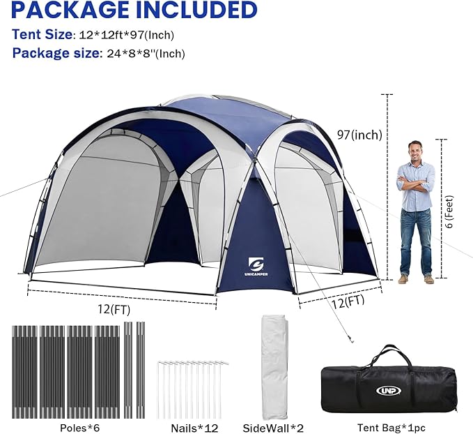 Large Beach Canopy Tent UPF 50+ 12x12 ft Waterproof & Rainproof Dome Sun Shelter for 8-10 Person with 2 Side Walls, Perfect for Camping, Backyard, Fishing, Parties, Picnics