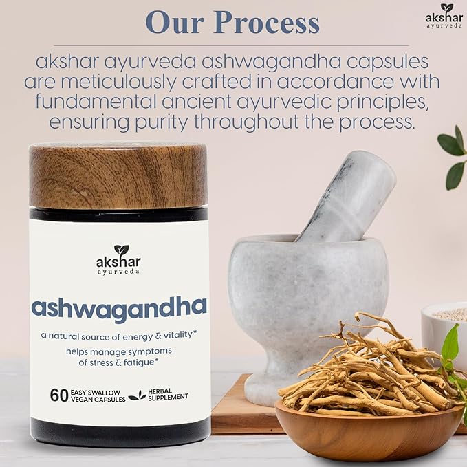 AKSHAR Ayurveda - Ashwagandha Capsules with Ashwagandha Root Extract and Powder - Adaptogenic Herbal Support - Vegan Cruelty-Free Ashwagandha Supplements (60 Count)