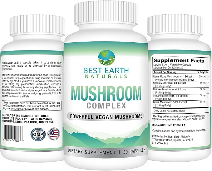 Best Earth Naturals Vegan Mushroom Complex Supplement for Energy, Clarity & Cognitive - Immune Support w/Lion's Mane, Reishi, Chaga, Maitake & Shiitake 30 Day Supply (30 Capsules)