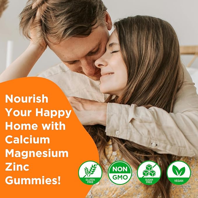 Calcium Magnesium Zinc Supplement with Vitamin D3, Sugar Free Calcium Gummies for Women Men, High Potency Magnesium Gummies for Bone & Muscle & Immune Health, Orange Flavors - 60 Count