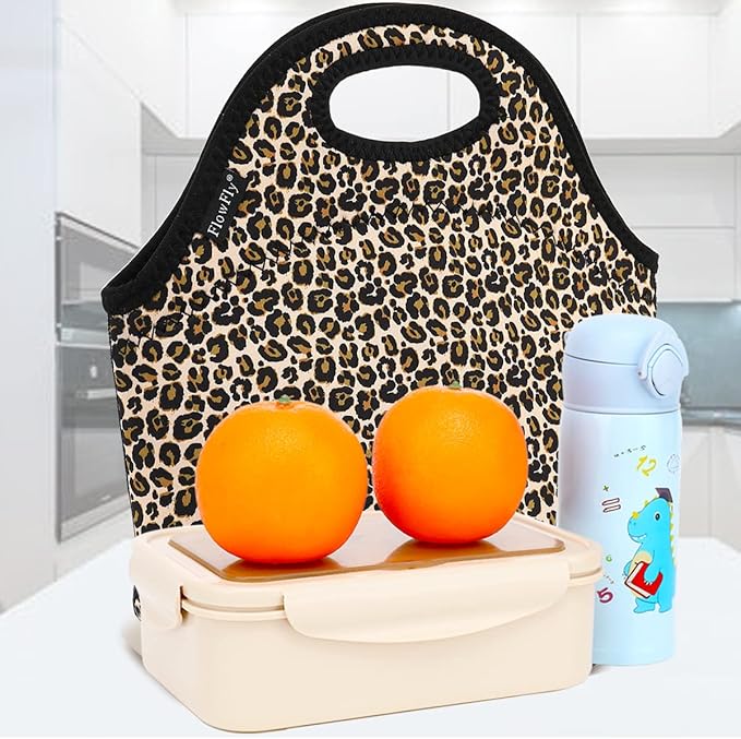 FlowFly Neoprene Kids Lunch box Insulated Soft Bag Mini Cooler Thermal Meal Tote Kit for Boys, Girls,Men,Women,School,Work, Office, Leopard