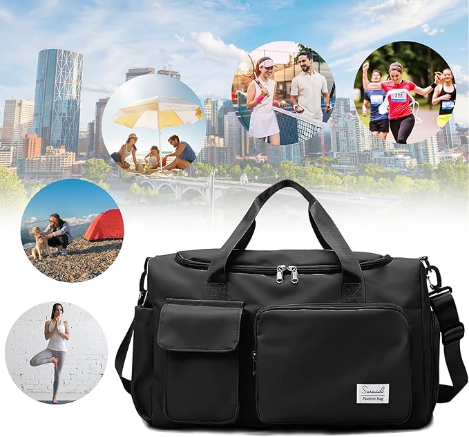 Sports Gym Duffel Bag with Shoes Compartment and Dry Wet Separated Pocket for Men and Women - Overnight Weekender Training Handbag Yoga Bag - Black