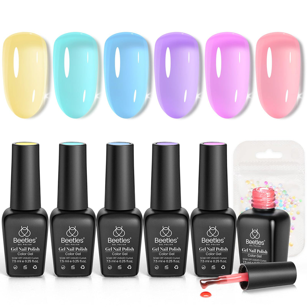 Beetles Jelly Gel Nail Polish, 6 Colors Summer Crystal Glass Translucent Pastel Gel Polish Blue Red Green Purple Yellow Soak Off