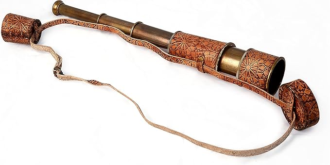 RII Antique Decor Spyglass, Pirate Telescope with Leather Case, Handheld Telescope for Adventure Enthusiasts, Monocular Nautical Decor for Gifting, Travellers, Mandala Vintage, 16"