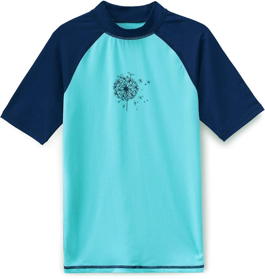 TSLA UPF 50+ Youth Kids Rash Guard Short Sleeve, UV/SPF Surf Swim Shirt, Aqua Water Swimsuit Top, Short Sleeve Print Rashie Aqua & Navy, 6