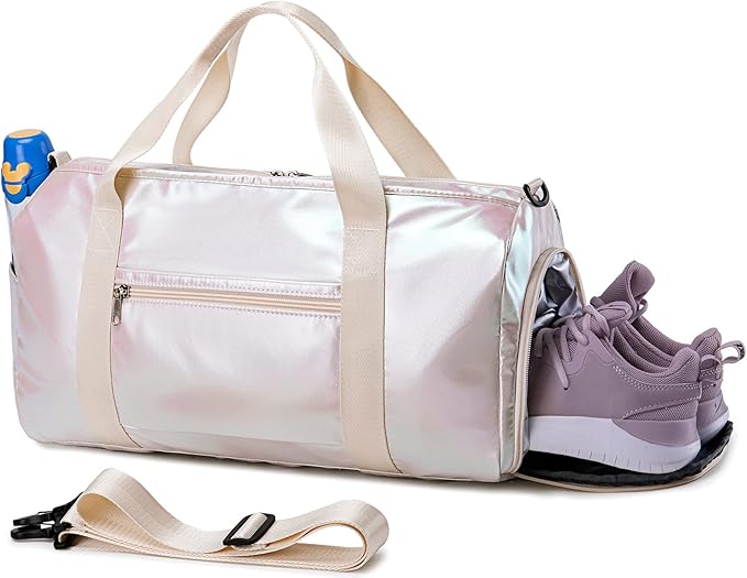 Gym Bag Sports Duffle Bag with Wet Pocket Weekender Overnight Bag with Waterproof Shoe Pouch and Air Hole for Women Girls Travel Foldable Bag (Metallic Beige)