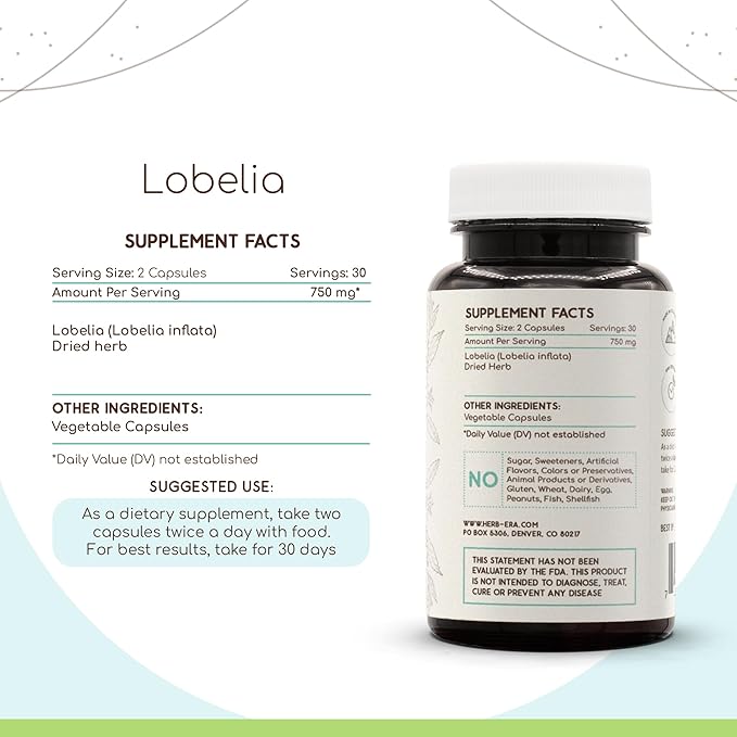 Lobelia 60 Capsules, 750 mg, Lobelia (Lobelia spp.) Dried Herb (60 Capsules)