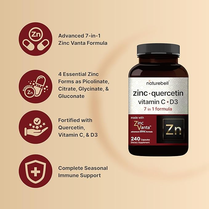 Naturebell Zinc Quercetin with Vitamin C & D3, 240 Capsules | Quercetin 1,000mg, 4 in 1 Zinc 50mg, Vitamin C 250mg, Vitamin D3 5,000 IU – ZincVanta Advanced Immune Defense & Lung Support