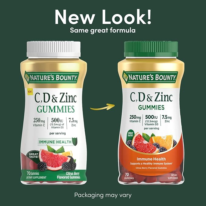 Nature's Bounty C, D, & Zinc Gummies, Immune Support Gummies for Adults, Citrus Berry, 70 Ct
