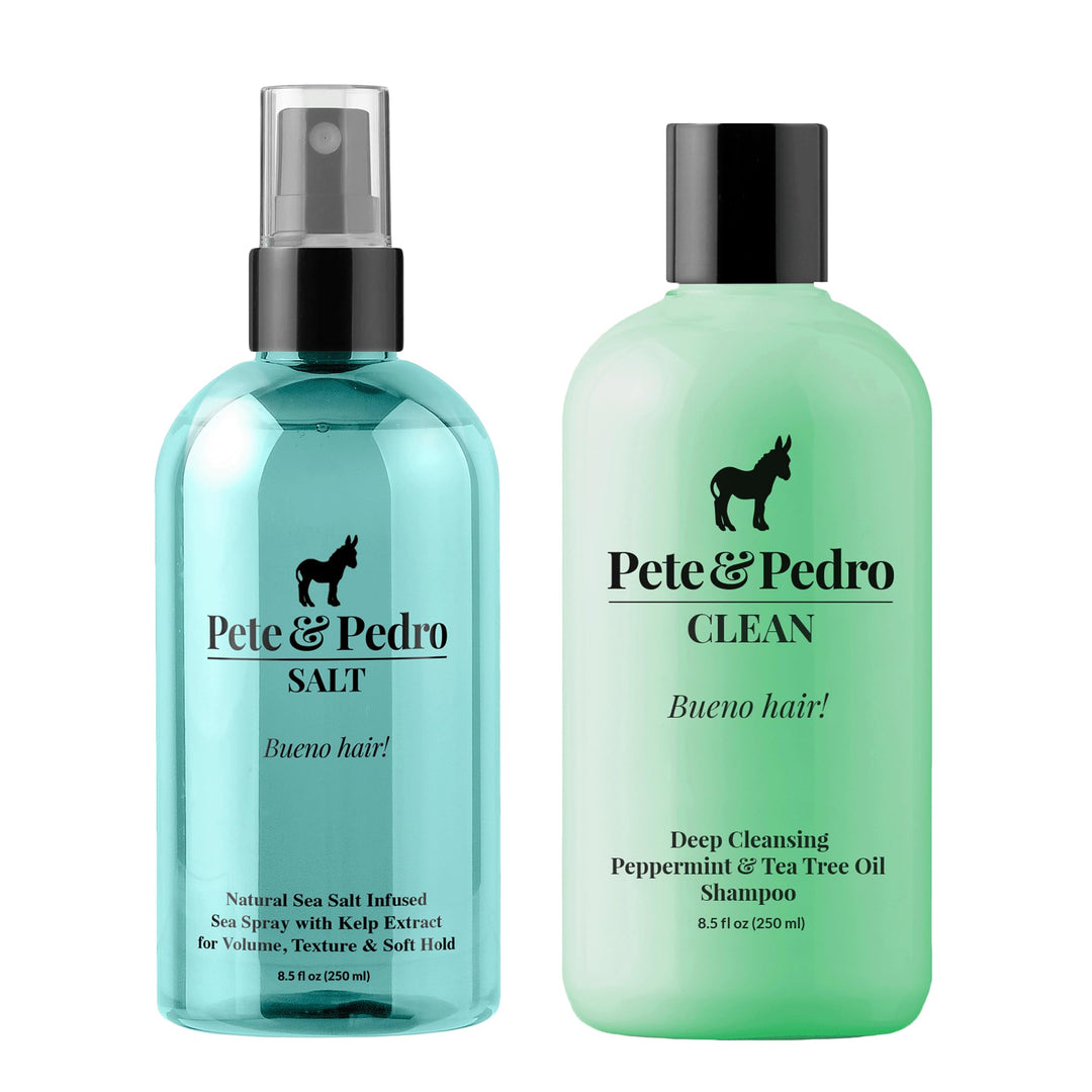 Pete & Pedro Sea SALT Spray 8 oz. & Cleansing Peppermint & Tea Tree Shampoo 8.5 oz. Combo – Adds Instant Volume, Texture, & Thickness to Hair | Removes Build-Up, Eliminates Excess Oil, Cleans Scalp