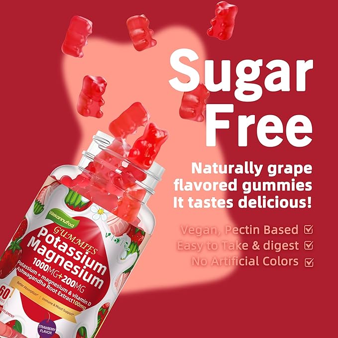 Potassium Magnesium Gummies,High Absorption Magnesium Glycinate,B6,D3,Potassium Citrate for Leg Cramps,Muscle,Electroyte for Adults Kids,Sugar-Free, 120 Gummies (Strawberry Flavor)