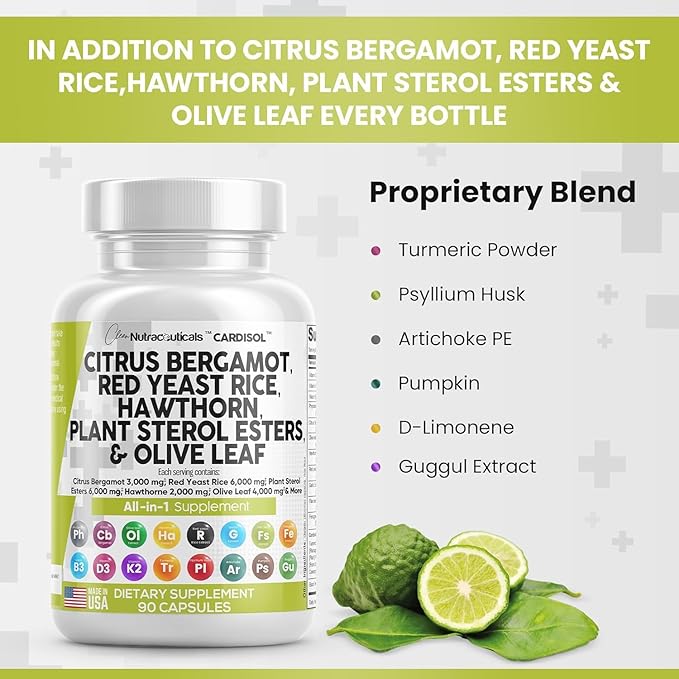 Clean Nutraceuticals Citrus Bergamot Red Yeast Rice Capsules with Plant Sterols - with Hawthorn Extract Olive Leaf Niacin Vitamin K3 D3 COQ10 Guggul & More