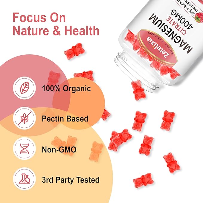 Magnesium Citrate Gummies, High Absorption Magnesium Gummies for Adults, Muscle & Teeth Support, 60 Vegan Natural Raspberry Gummies