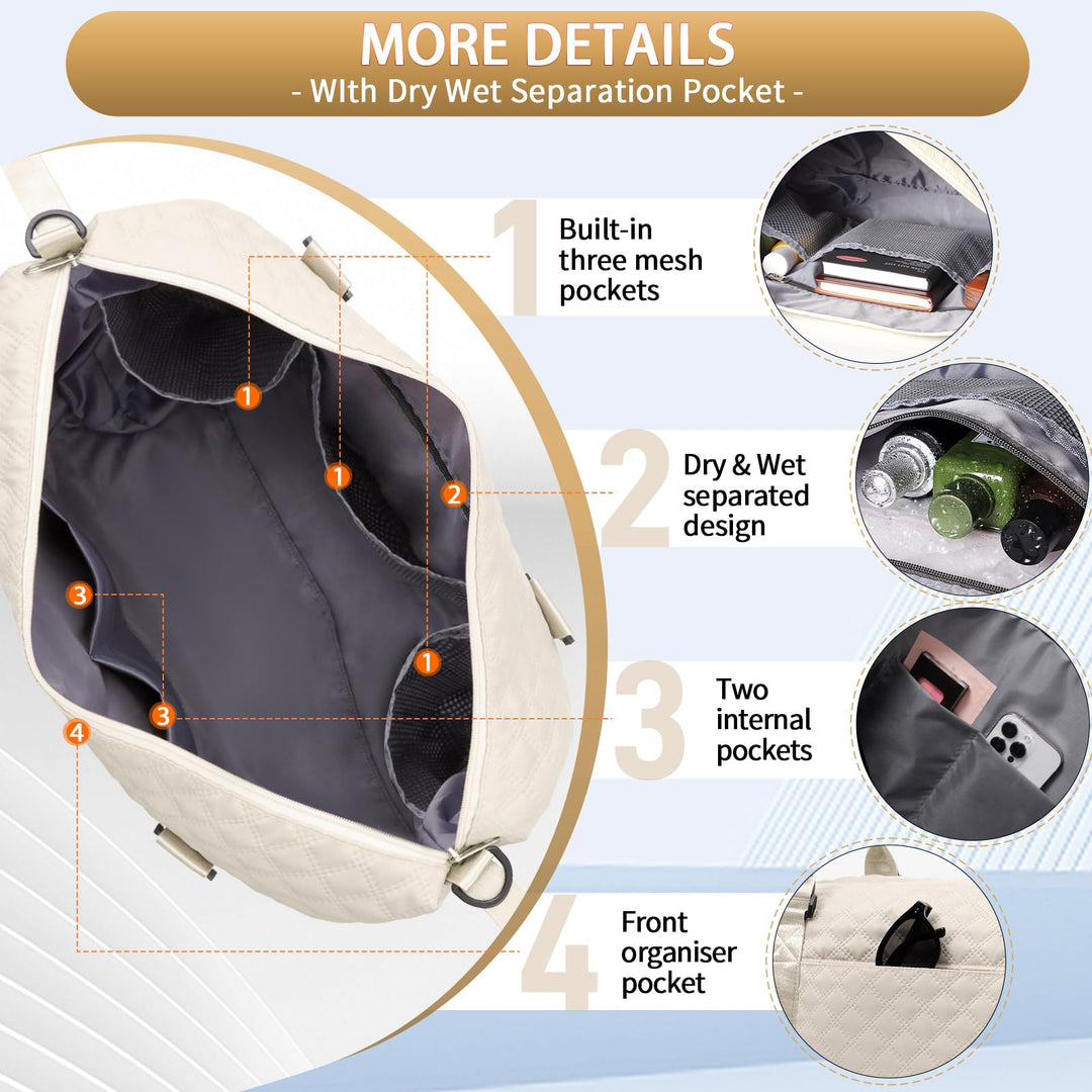 FIORETTO Women's Water-Resistant Travel Gym Duffle Bag with Detachable Strap, Multi-Functional, Ideal for Travel, Gym, Sports, Weekender, DUffel, with Toiletry Bag, Beige