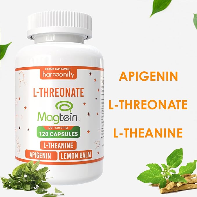 Magtein Magnesium L Threonate Supplement with L Theanine, Lemon Balm and Apigenin, High Absorption 120 Purified Veggie Capsules, 1400 mg, Gluten Free, Non-GMO, Vegetarian