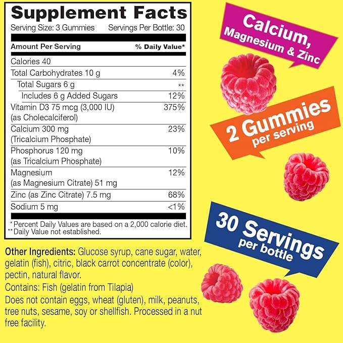 Calcium, Magnesium, Zinc + Vitamin D3 Gummies by WellYeah | Bone, Muscle and Nerve Health Support, Immune Support | for Men and Women | Gluten Free, Non GMO | Raspberry Flavor | 90 Count