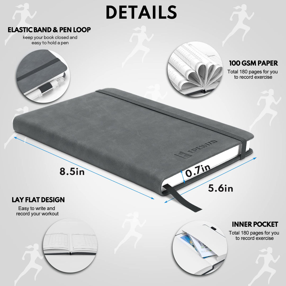 EPEWIZD Fitness Journal Hardcover Workout Planner 6- Month Undated Workout Log Book Home Gym Accessories for Women and Man-Gray