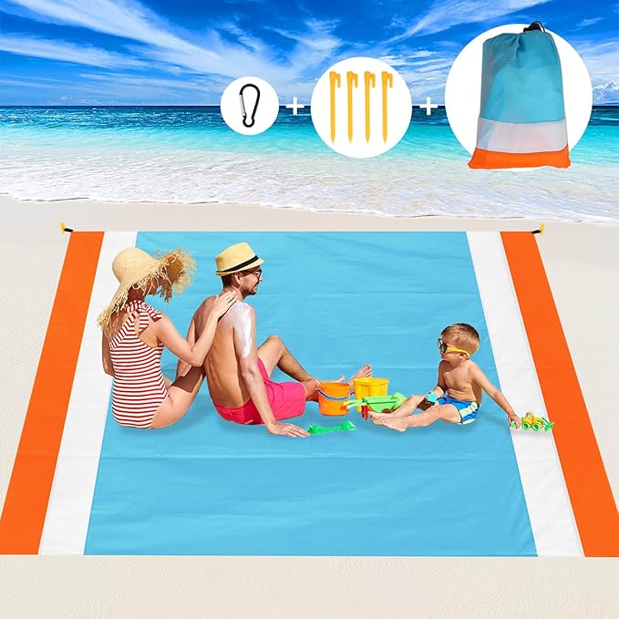 Aitey Sand Free Beach Blanket, Waterproof Beach Mat Compact Outdoor Blanket Ideal for Picnic, Travel, Hiking, Camping and Music Festivals with 4 Stakes, 4 Corner Pockets and Bag - 82"x 79"(Blue)