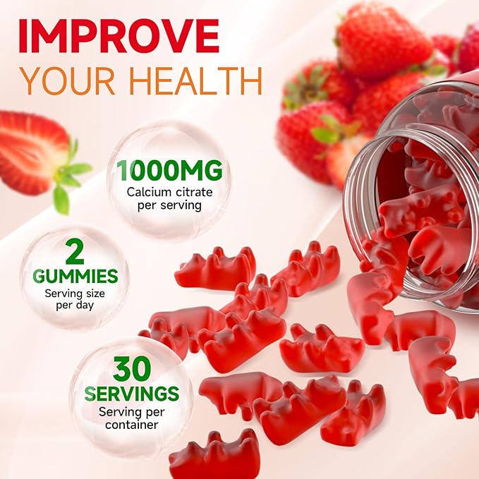 Calcium Citrate Gummies, Sugar Free Calcium Citrate 1000mg for Muscle Healthy, Absorption Calcium Supplements for Adults & Kids, Strawberry, 60 Count