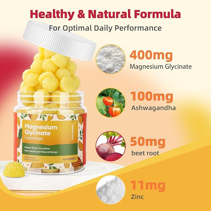 90 Count Magnesium Glycinate Gummies 400mg w/Ashwagandha Supplement - Sugar Free Zinc Magnesium Glycinate Supplement Ashwagandha Gummies for Adults Pineapple Gummies