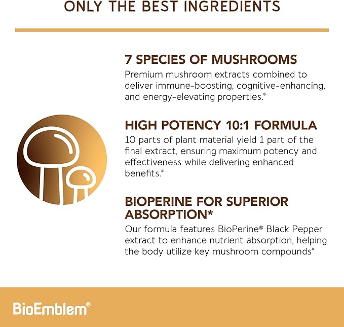 BioEmblem Mushroom Complex - 10:1 Strength and 7 Species - Lions Mane, Reishi, Cordyceps, Chaga, Maitake, Shiitake Mushroom Supplement - Immunity, Energy & Focus, Brain - Non-GMO, Vegan - 90 Caps