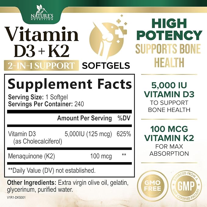 Vitamin D3 K2, 5000 IU Vitamin D3 & 100 mcg Vitamin K2 MK-7 Supplement Supports Immune Health, Bone, Heart & Calcium Absorption - Extra Virgin Olive Oil Softgel, Vitamins D & K Complex - 240 Softgels