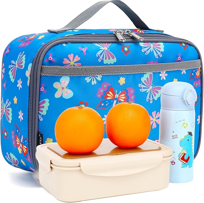 FlowFly Kids Lunch box Insulated Soft Bag Mini Cooler Back to School Thermal Meal Tote Kit for Girls, Boys, Butterfly
