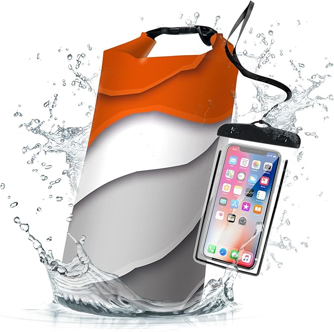 Waterproof Dry Bag,Roll Top Orange Gray Geometric Modern Small Waterproof Backpack 5L/10L/20L Floating Lightweight Bags for Kayaking, Boating, Fishing, Swimming Camping with Waterproof Phone Case