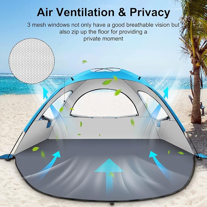 Beach Tent Sun Shelter for 3-4Person, Lightweight Beach Tent with UV Protection, 3 Mesh Roll Up Windows & 8.0mm Fiberglass, Easy Assemble