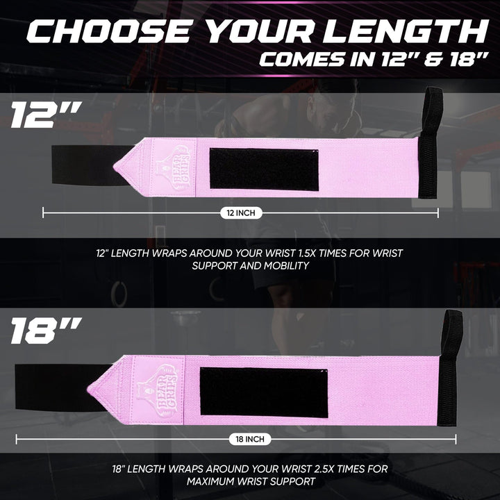 Bear Grips Extra Strength Gym Wrist Wraps for Weightlifting | 2 Wrist Wraps Per Pack | 12" & 18" | Unisex Fitness Accessory for Men & Women