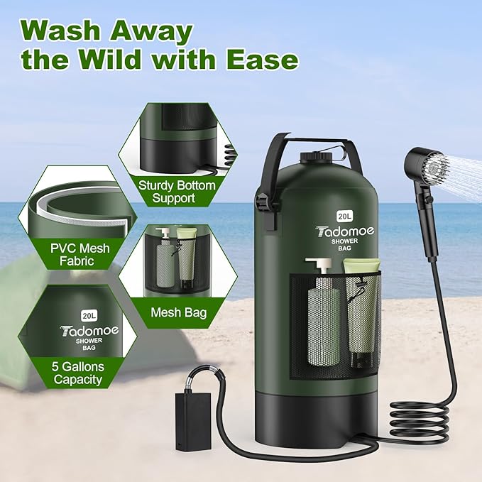 Portable Shower for Camping, 5 Gal/20 L Solar Heating Camping Shower Bag with Shower Pump, Portable Shower Head, Essential for Camping,Festivals, Overlanding, Beach Trips,Outdoor Showers