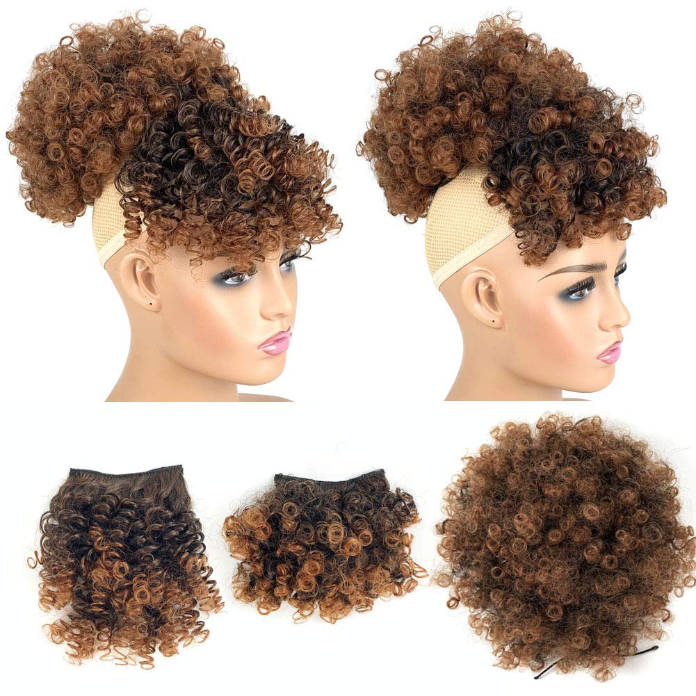Afro Puff Drawstring Ponytail With 2 Bangs Afro High Puff Bun With Spring Curl Bangs And Afro Puff Bangs Clip In Hairpieces Pine