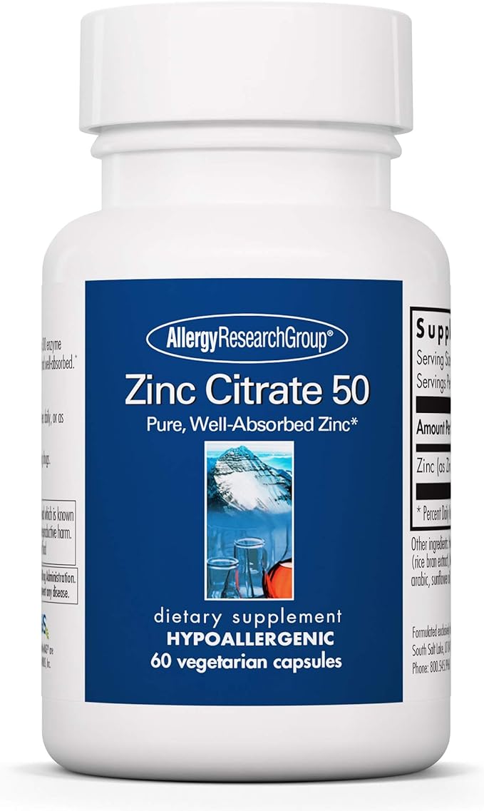 Allergy Research Group Zinc Citrate Supplement - Zinc for Men & Women, Immune Support, Pure, Well-Absorbed, Well-Tolerated, Trace Mineral, 50mg Vegetarian Capsules - 60 Count