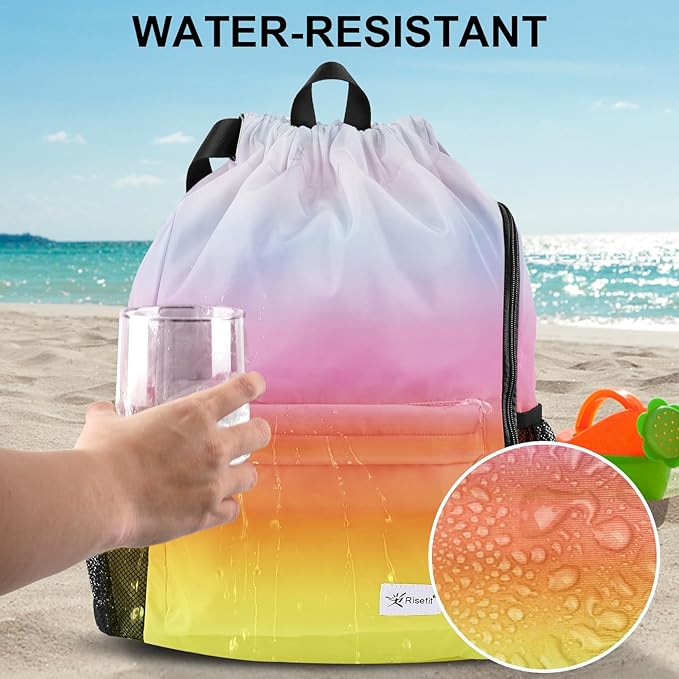 Drawstring Backpack with Mesh Pockets String Gym Bag Sackpack Sandproof Water Resistant Beach Backpack for Men Women
