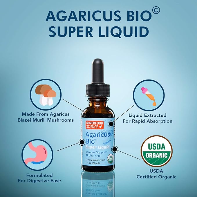 Agaricus Bio Super Liquid, Natural Killer Cell Activity, Organic Mushroom Extract, Agaricus Blazei Murill Mushroom, Tincture Drops with High Beta Glucans, Liver and Immune Support Supplement, 30 ml