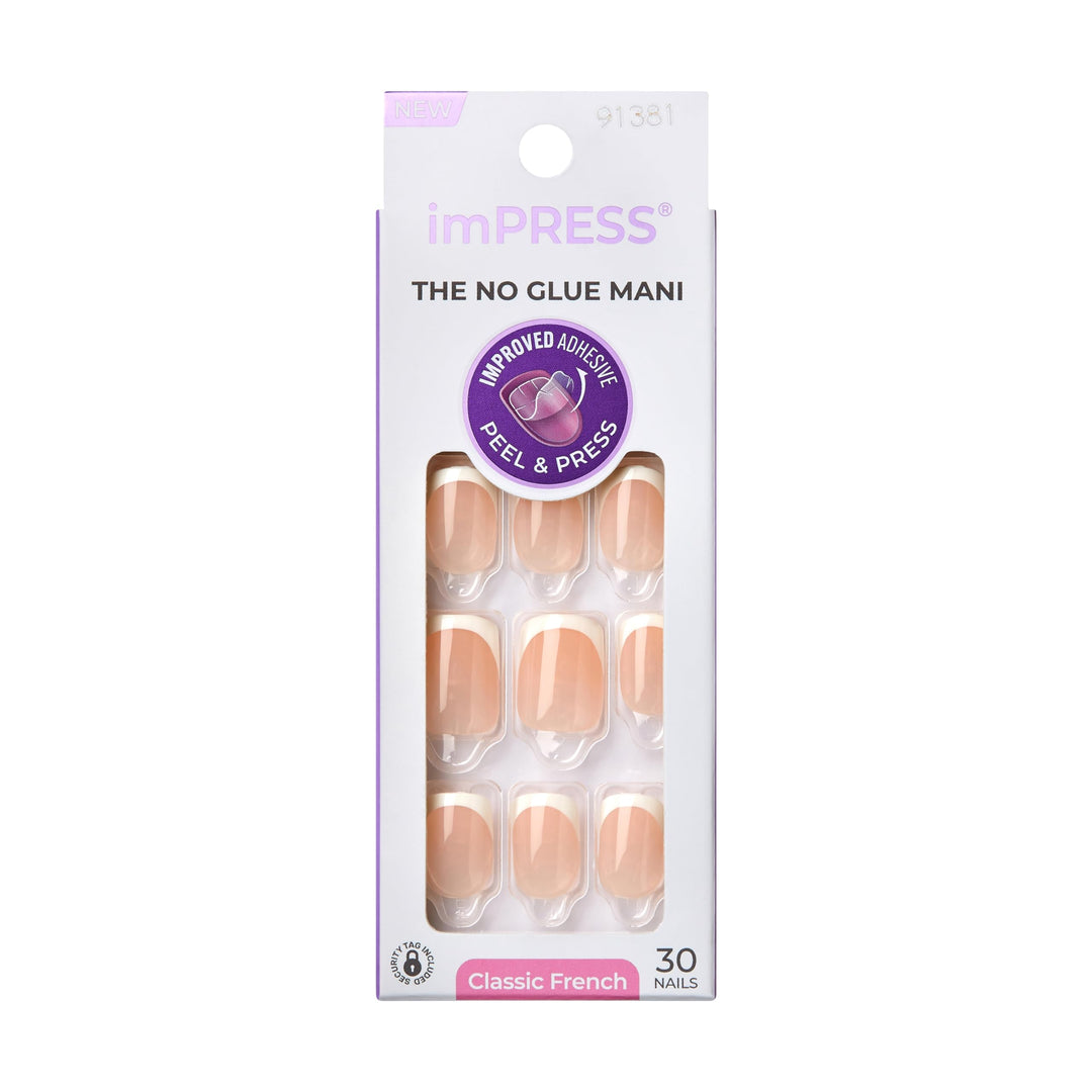 KISS imPRESS No Glue Mani Press-On Nails, French, 'Model', Light Neutral + White Tip French, Short Size, Squoval Shape, Includes 30 Nails, Prep Pad, Instructions Sheet, 1 Manicure Stick, 1 Mini File