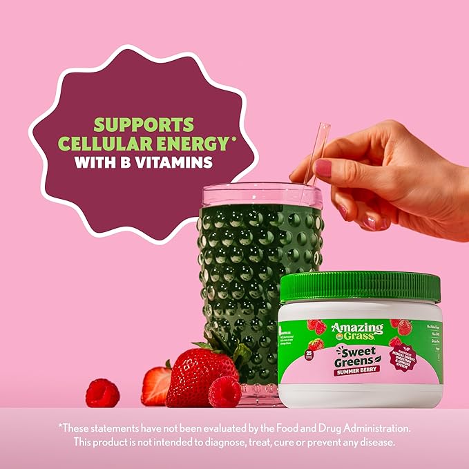 Amazing Grass Sweet Greens and Superfoods Powder for Digestive Health, Greens Powder, Digestive Enzymes, Probiotics, Spirulina, Chlorella, Summer Berry, 30 Servings