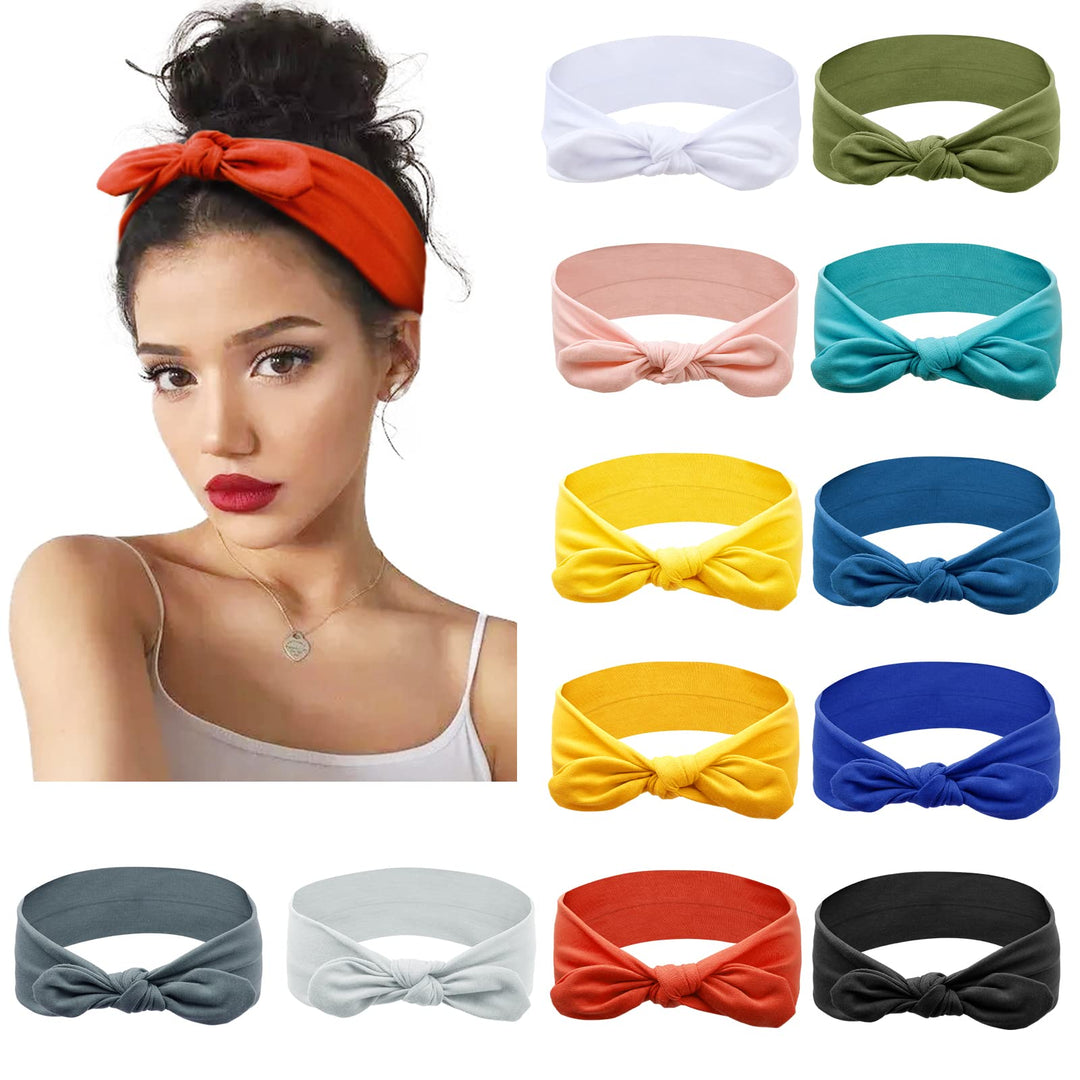 Huachi 12 Pack Bow Headbands for Women Headwraps Hairband Knotted Head Bands Rabbit Ears Stretchy Turban Head Wraps Fashion Sport Cute Hair Accessories