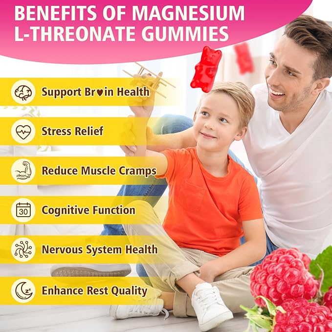 Magnesium L-Threonate Gummies 1000MG, Magnesium Threonate Supplement for Kids & Adults, Muscle & Nervous System Support, Sugar-Free, Raspberry Flavor, 60 Count
