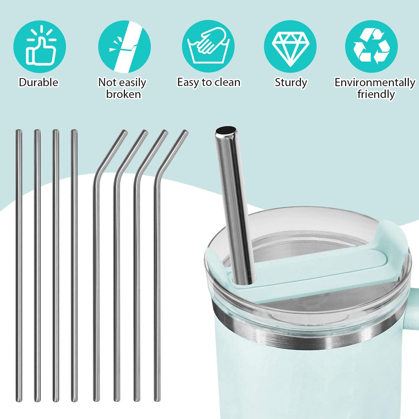 10 Pcs Metal Straw for Stanley Cup 40 oz with Straw Brush and Velvet Bag for Smoothie, Milkshake, Cocktail and Hot Drinks
