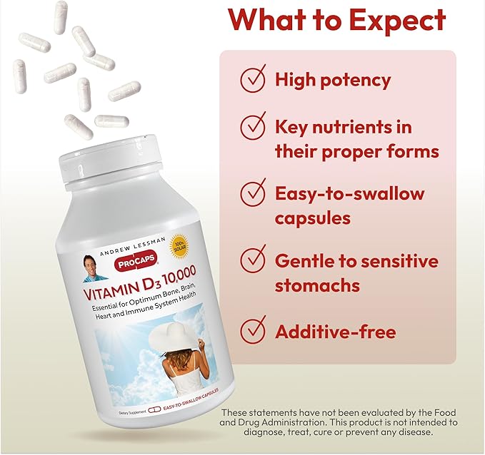 ANDREW LESSMAN Vitamin D3 10,000 IU 60 Capsules - High Potency, Essential for Calcium Absorption, Supports Bone Health, Healthy Muscle Function, Immune System, More. Small Easy to Swallow Capsules