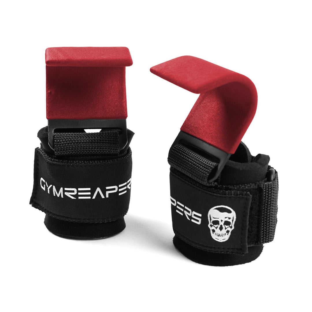 Gymreapers Weight Lifting Hooks (Pair), Heavy Duty Power Wrist Straps Hand Grip Support for Deadlifts, Pull Ups, Shrugs - Gym Gloves for Men and Women (Red)