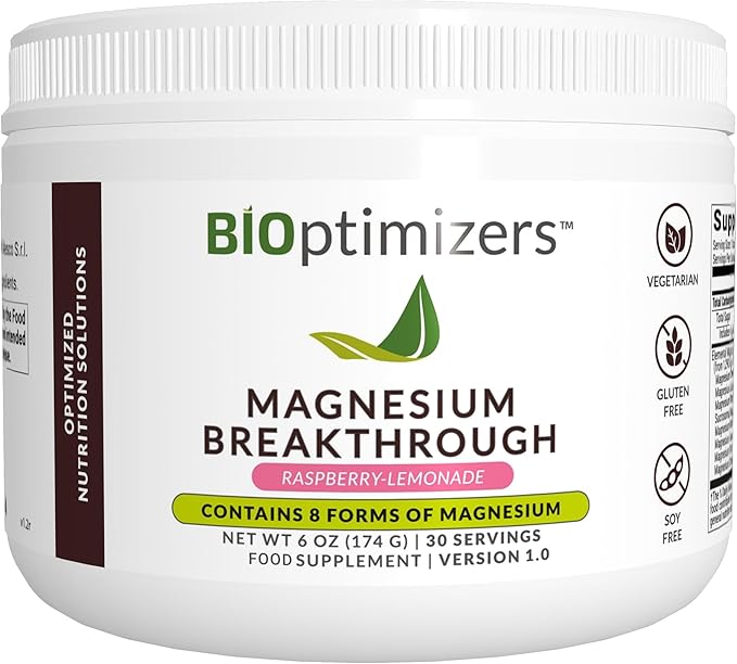 BIOptimizers Magnesium Breakthrough Drink Raspberry Lemonade - 8 Forms of Magnesium: Glycinate, Malate, Citrate, and More - Natural Sleep and Brain Supplement – 6 oz (30 Servings)