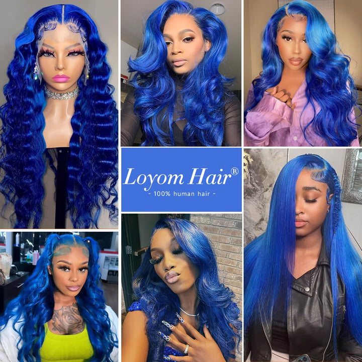 Loyom Blue Lace Front Wig Human Hair 13x4 Body Wave Blue Human Hair Wig Colored Lace Front Wigs Human Hair Pre Plucked 12A 200 Density Glueless HD Lace Frontal Wigs 22 Inch