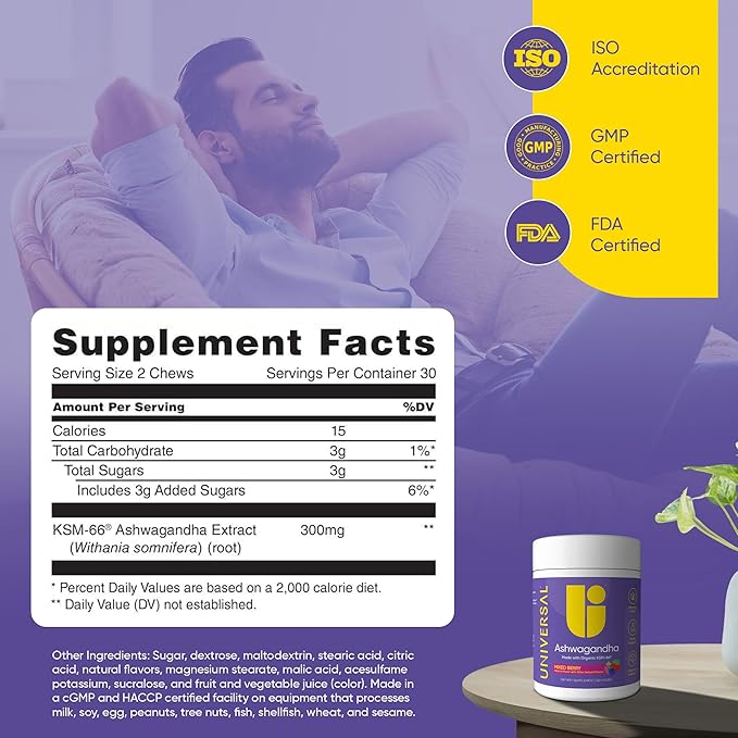 Ashwagandha KSM-66 Chews - Daily Stress, Cognitive Function and Mood Support Chewable Supplement, Bioavailable Full Spectrum KSM66 Ashwagandha Root Extract, Calm & Relaxation – Mixed Berry, 60 Count