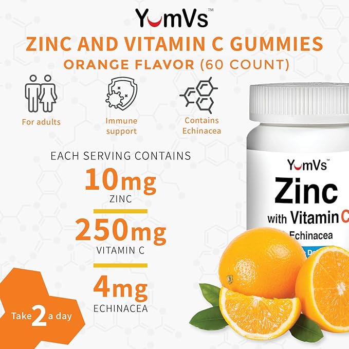 Zinc Vitamin C and Echinacea Gummies for Adults and Kids by YumVs | Chewable Gummy - Vegetarian, Halal, Kosher | Orange Flavor - 60 Count