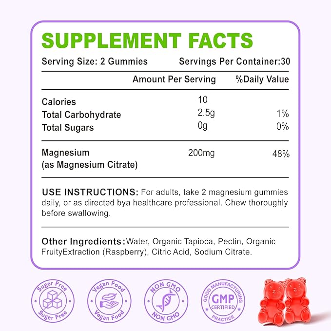 Magnesium Citrate Gummies, High Absorption Magnesium Gummies for Adults, Muscle & Teeth Support, 60 Vegan Natural Raspberry Gummies