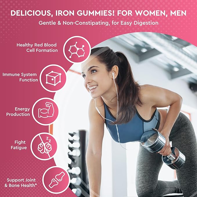 Iron Gummies with Zinc, Calcium, Vitamin C, B6 & B12 | Iron Supplement for Women, Men & Kids | Supports Anemia & Deficiency, Blood Builder & Cell Formation | Chewable Cherry Flavor | 60 Gummies