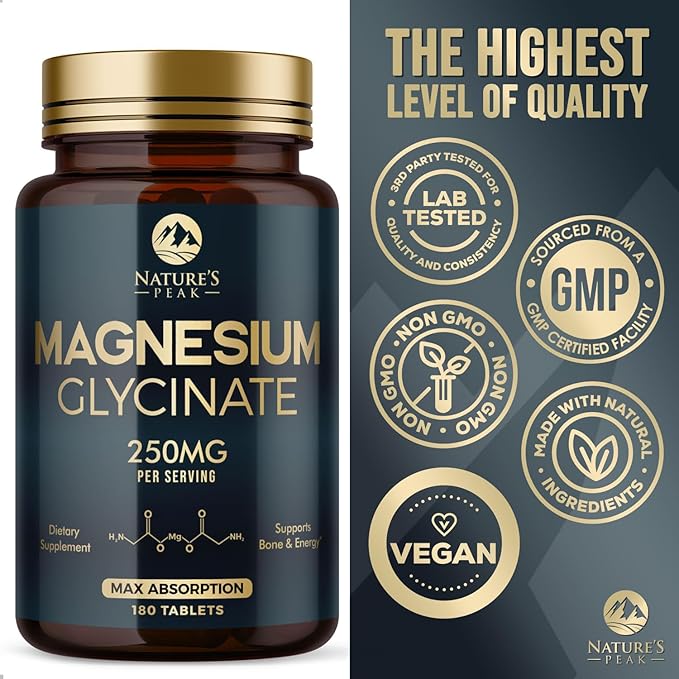 Magnesium Glycinate Chelated for Max Absorption - Supports Bone, Muscle, Nerves & Heart Health, Nature's Sleep and Stress Support, Best Magnesium Supplement Pills for Whole Body Support - 180 Tablets