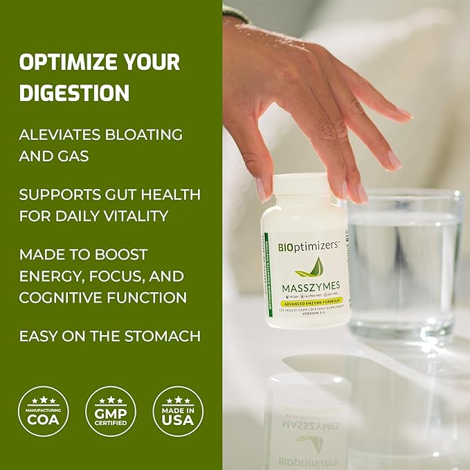 BIOptimizers MassZymes Digestive Enzymes Supplement – Max Nutrient Absorption, Boost Energy, Reduce Bloating – Health Vegan Dairy-Free – Muscle Recovery, Gut Health & Clarity - 100,000 Units 30 Caps
